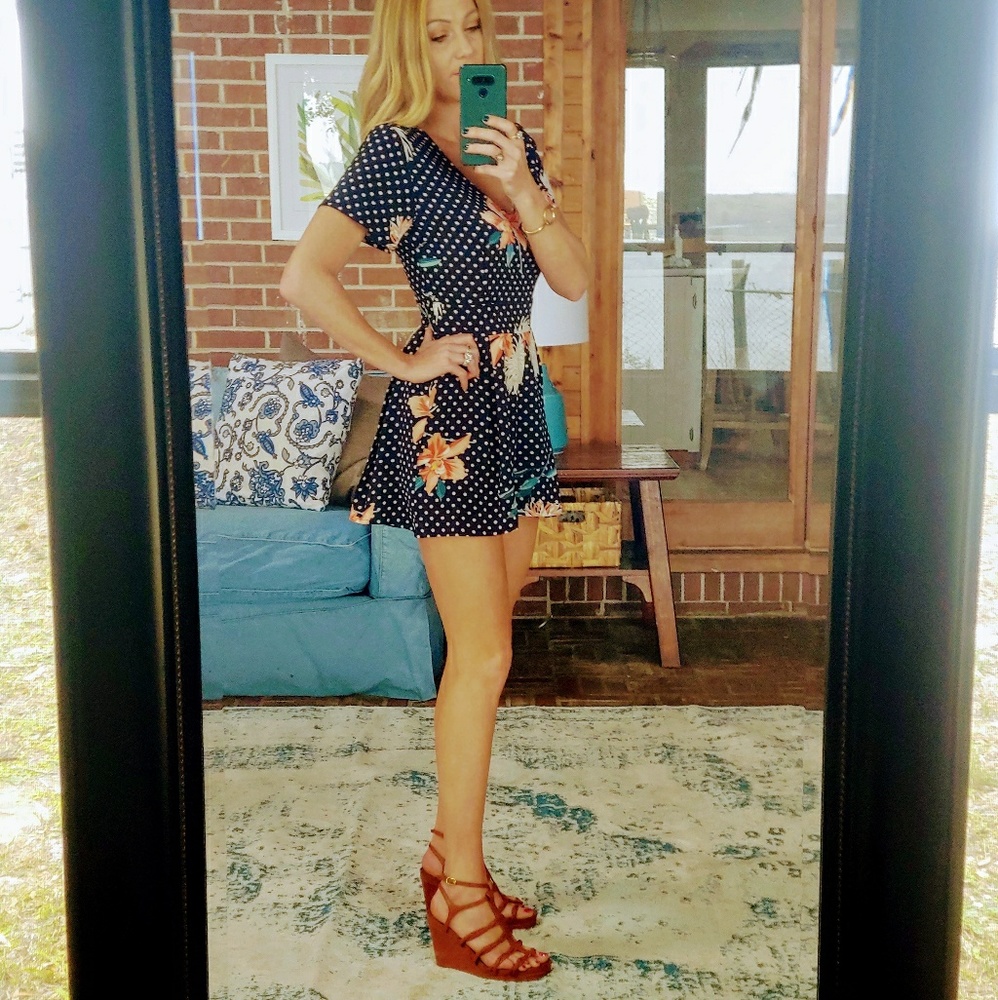 Floral navy polka dot romper summer